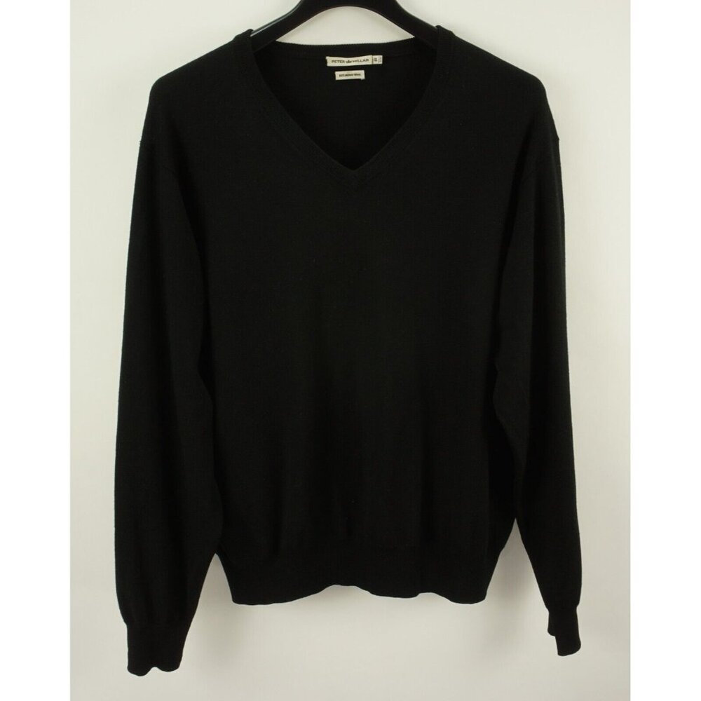 Peter Millar Men's XL Black Knit 100% Merino Wool V-Neck Ribbed Pullover Sweater